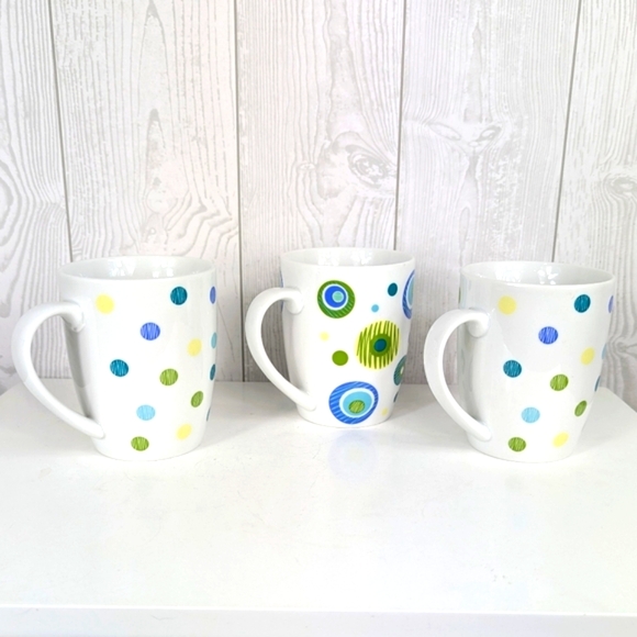 3 Bright Circle Dot Mugs Kmart White Blue Green Yellow Coffee Cups Porcelain - Picture 2 of 8
